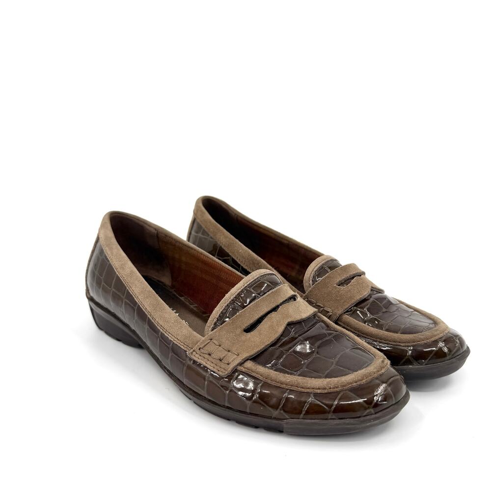 Vintage Y2K Aquatalia Brown Patent Leather Croc Suede Penny Loafers